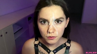 Sexy Brunette In Harness Blows And Jumps On My Dick – Merely Observe At Her Darling Cum Face On 12:10!